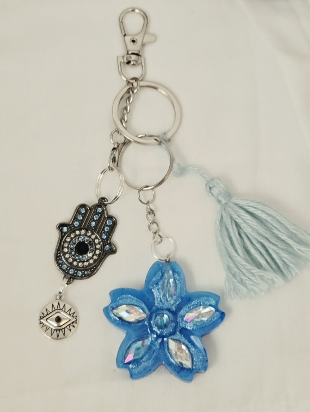 Blue Floral Hamsa Key & Card Holder Charm with Tassel
